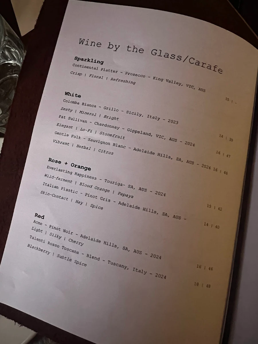 Menu, Park Road Garage & Wine
