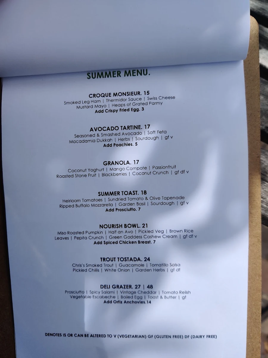 Menu, Park Road Garage & Wine