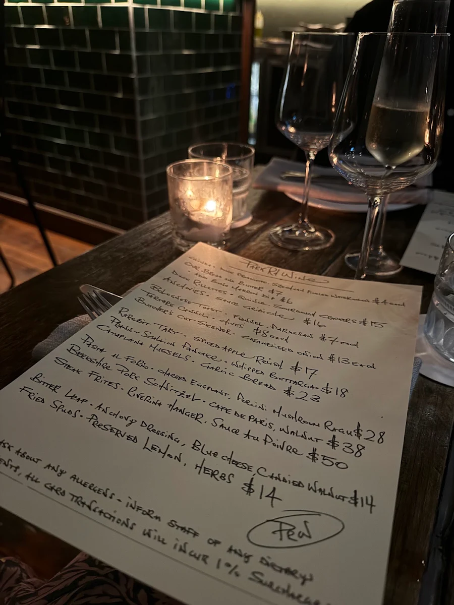 Menu, Park Road Garage & Wine