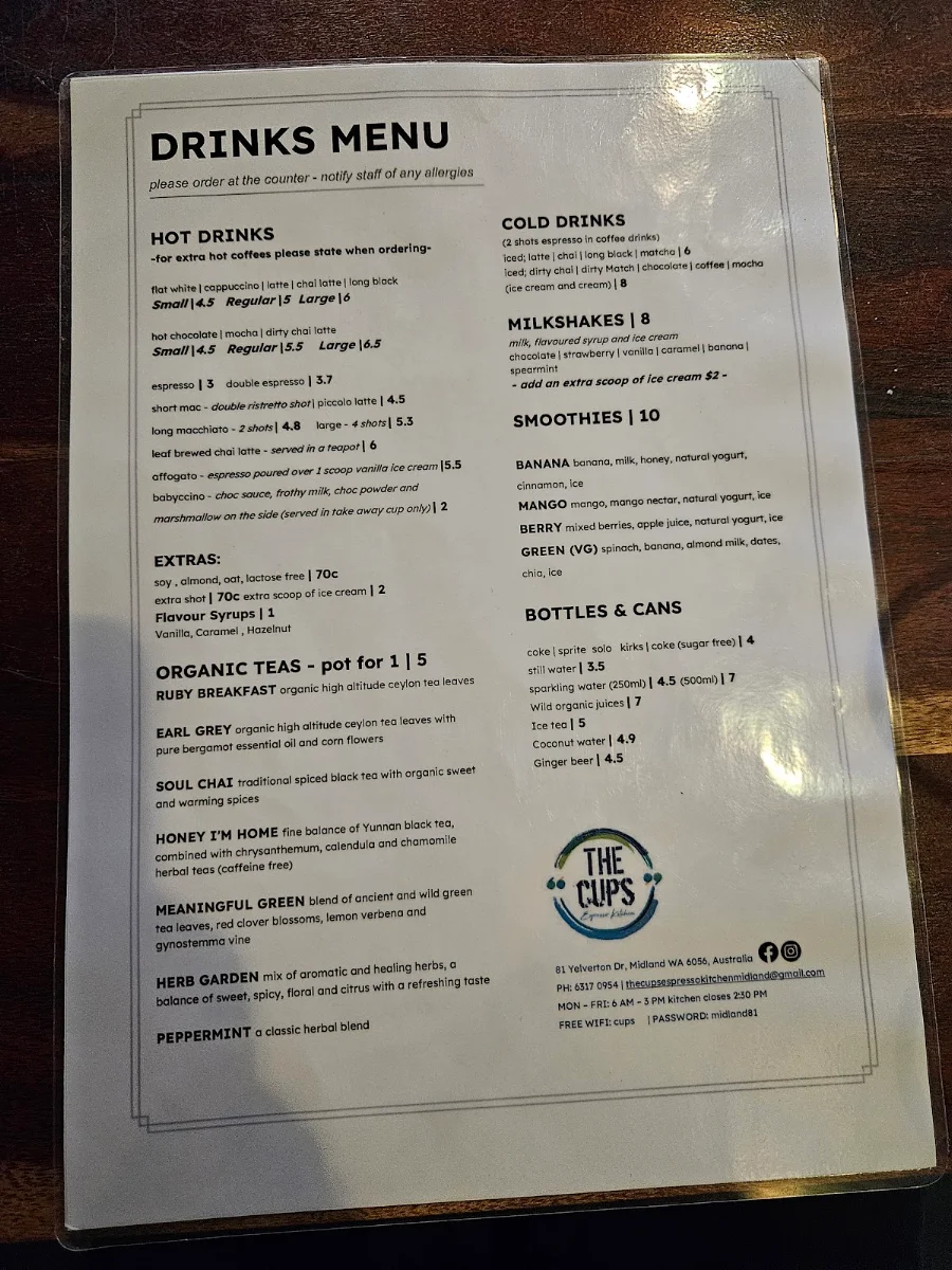Menu, The Cups Espresso Kitchen