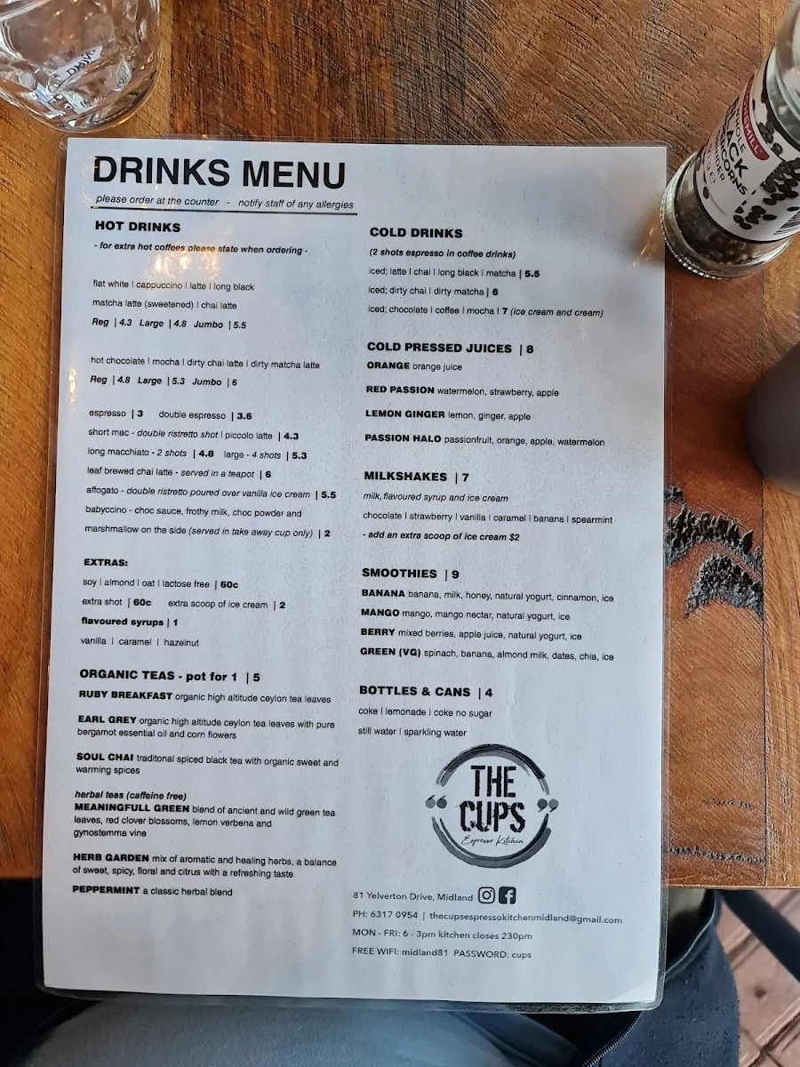 Menu, The Cups Espresso Kitchen