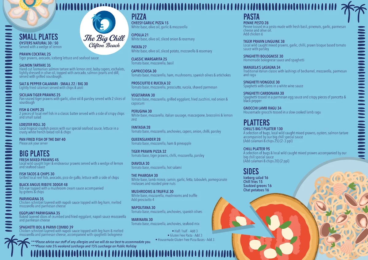 Menu, The Big Chill Clifton Beach