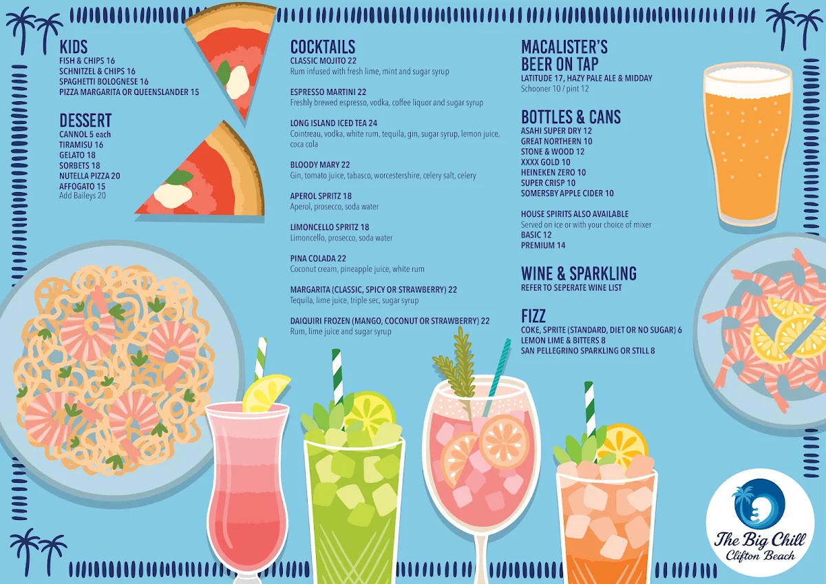 Menu, The Big Chill Clifton Beach