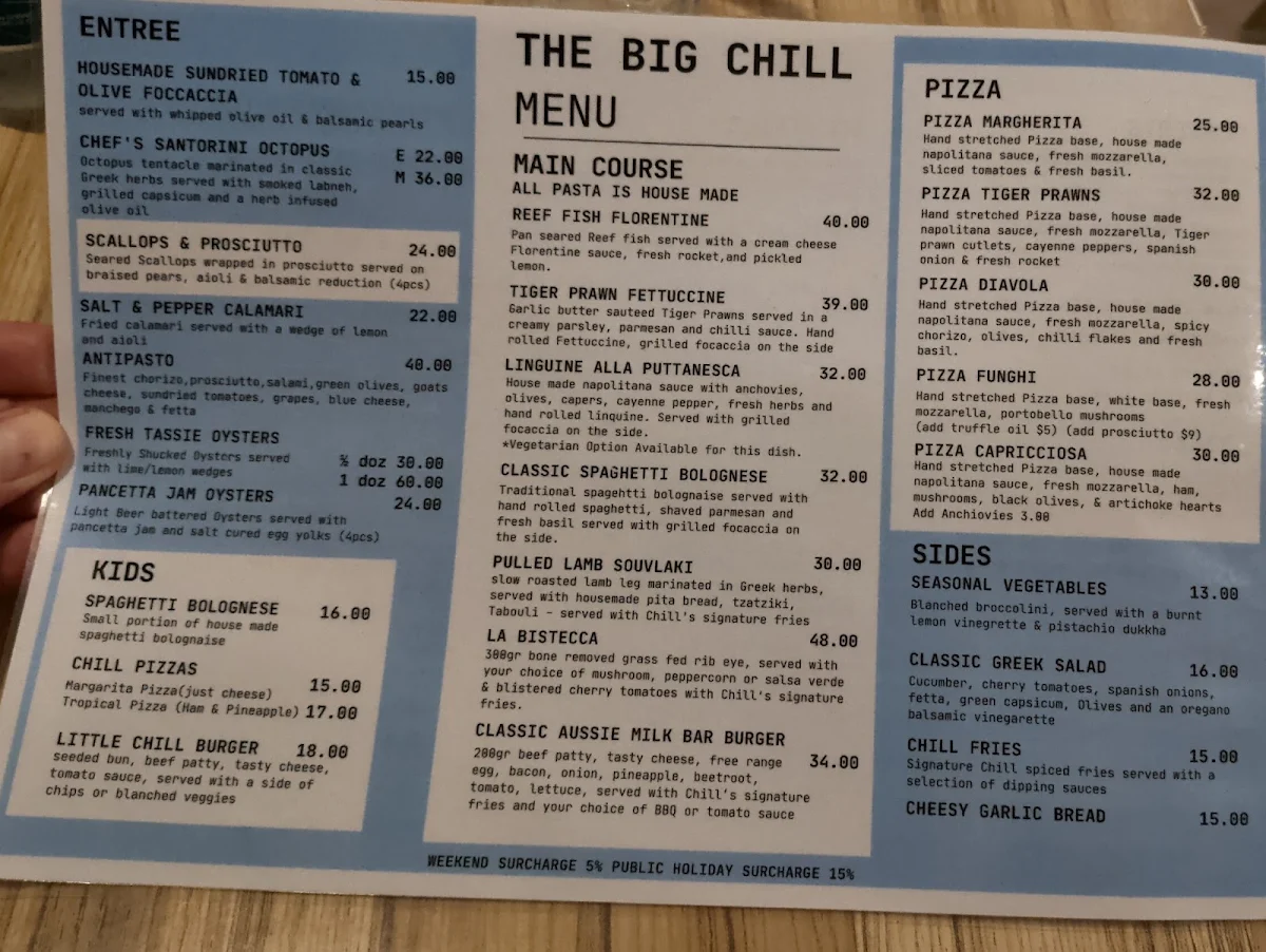 Menu, The Big Chill Clifton Beach