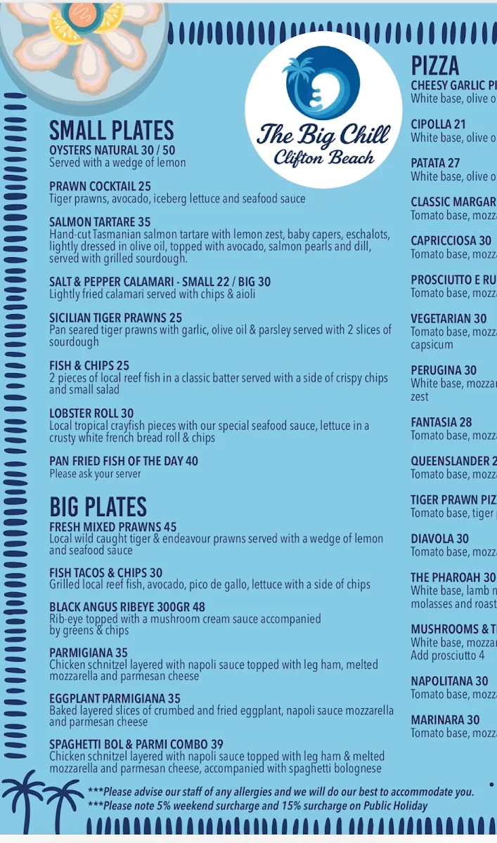 Menu, The Big Chill Clifton Beach