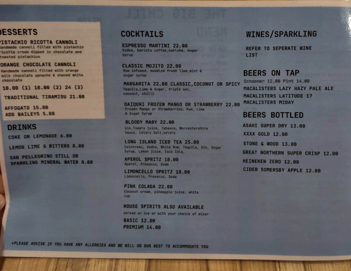 Menu, The Big Chill Clifton Beach