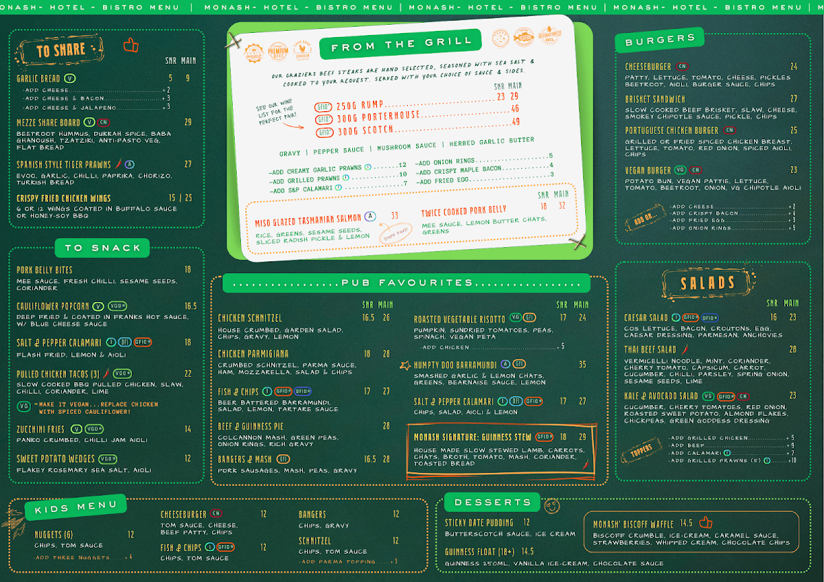 Menu, Monash Hotel