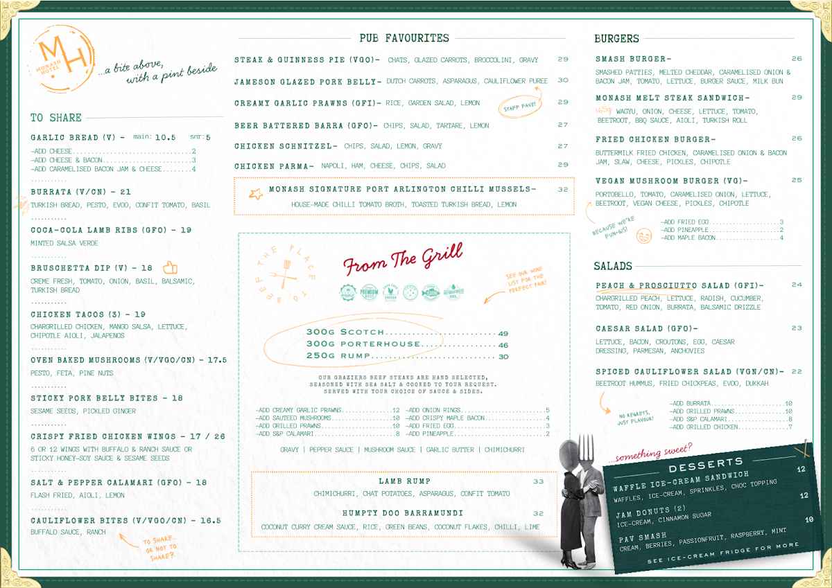 Menu, Monash Hotel
