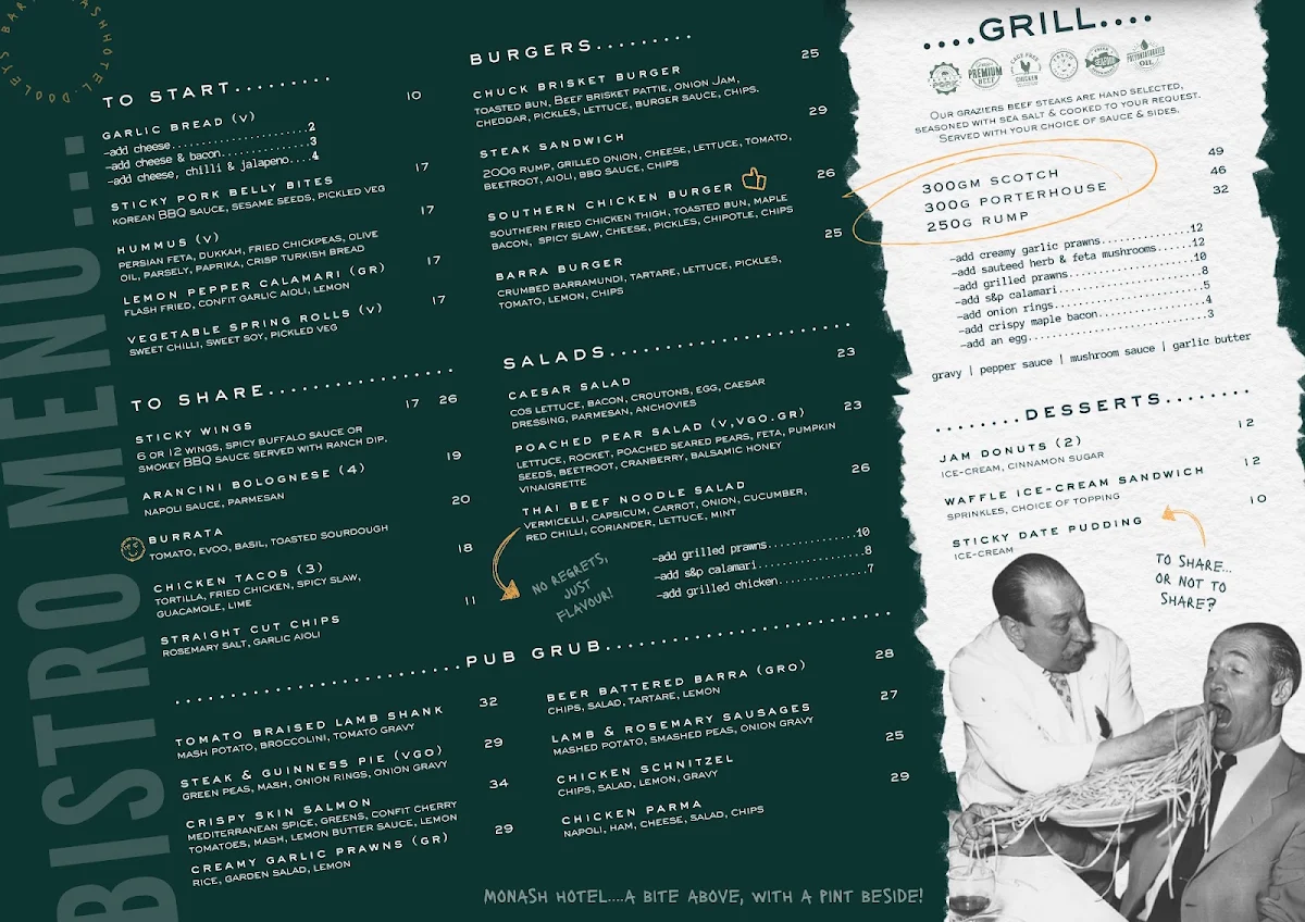 Menu, Monash Hotel