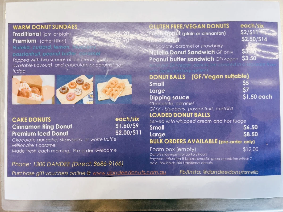 Menu, Dandee Donuts Extra Cranbourne