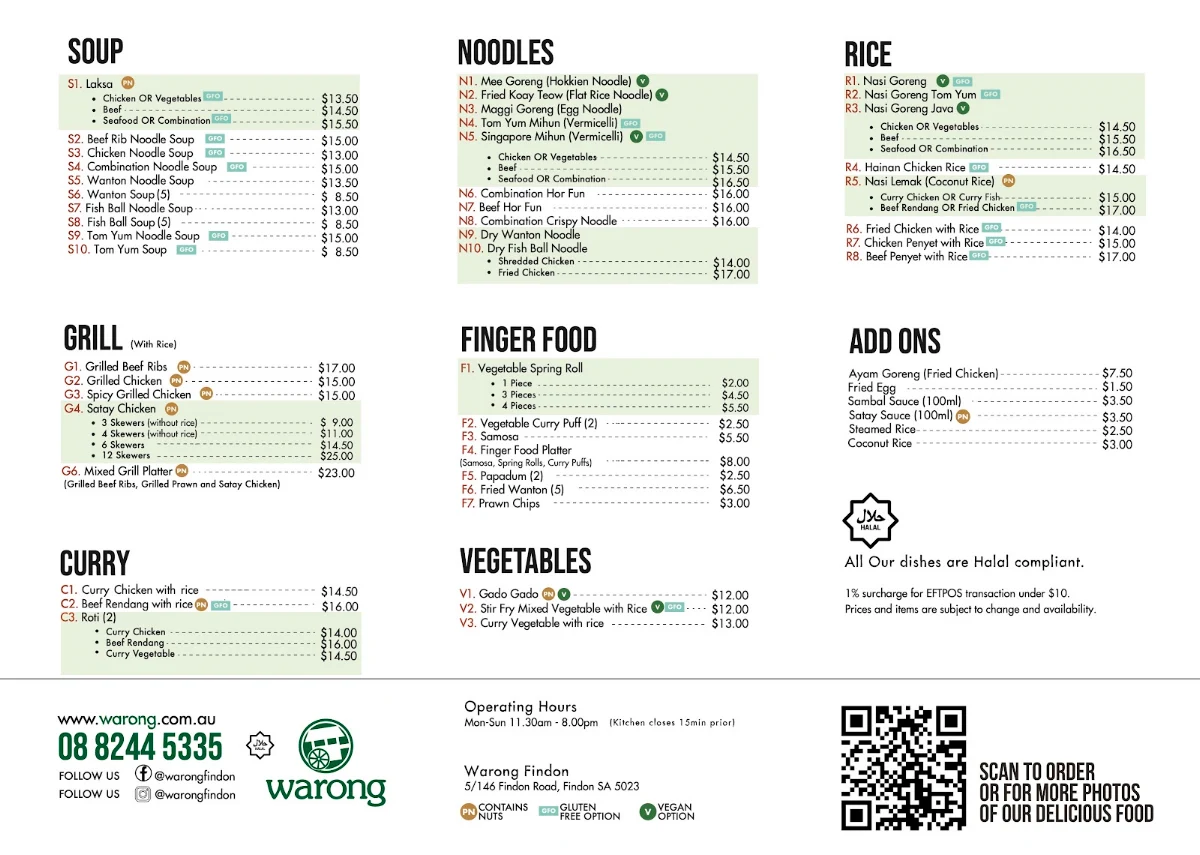 Menu, Warong Findon