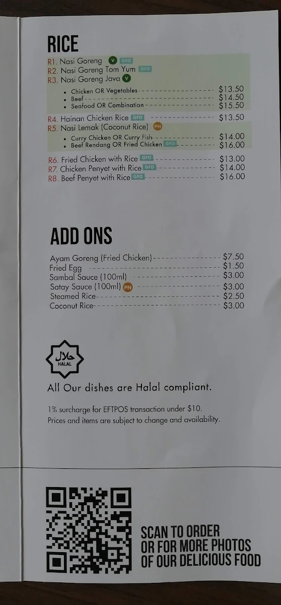 Menu, Warong Findon