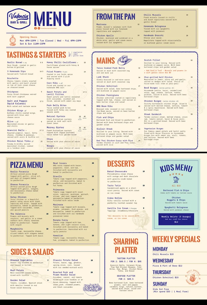 Menu, Valencia Bar and Grill