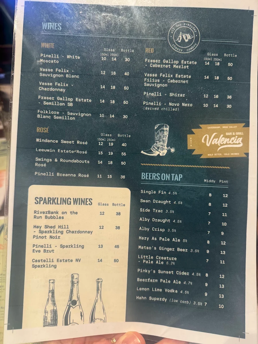 Menu, Valencia Bar and Grill