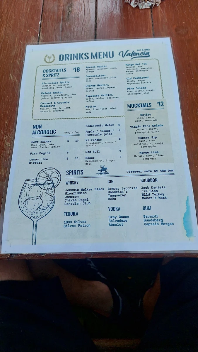 Menu, Valencia Bar and Grill