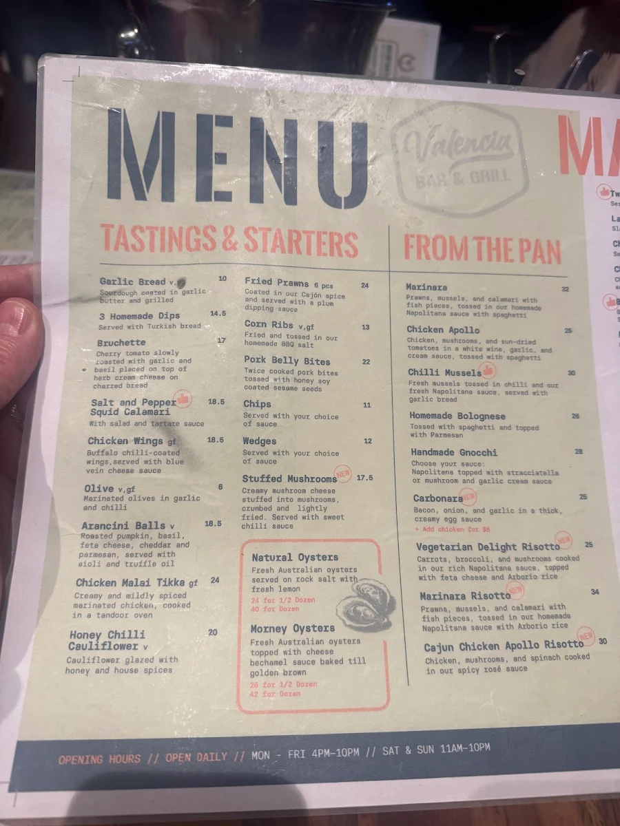 Menu, Valencia Bar and Grill