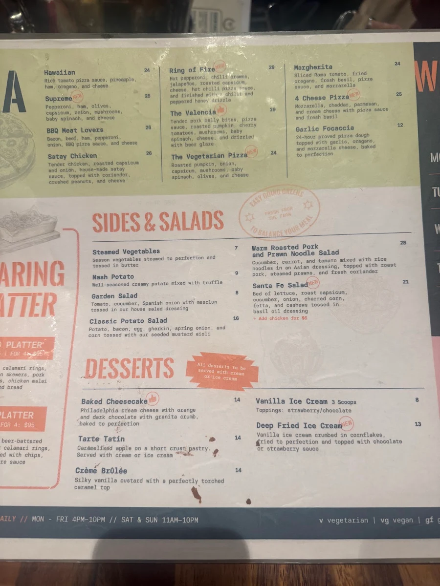 Menu, Valencia Bar and Grill