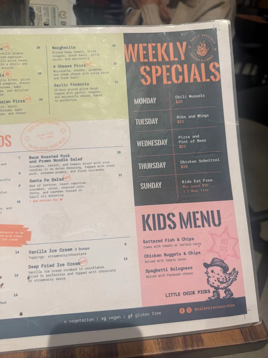 Menu, Valencia Bar and Grill