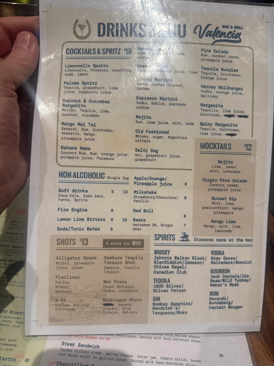 Menu, Valencia Bar and Grill