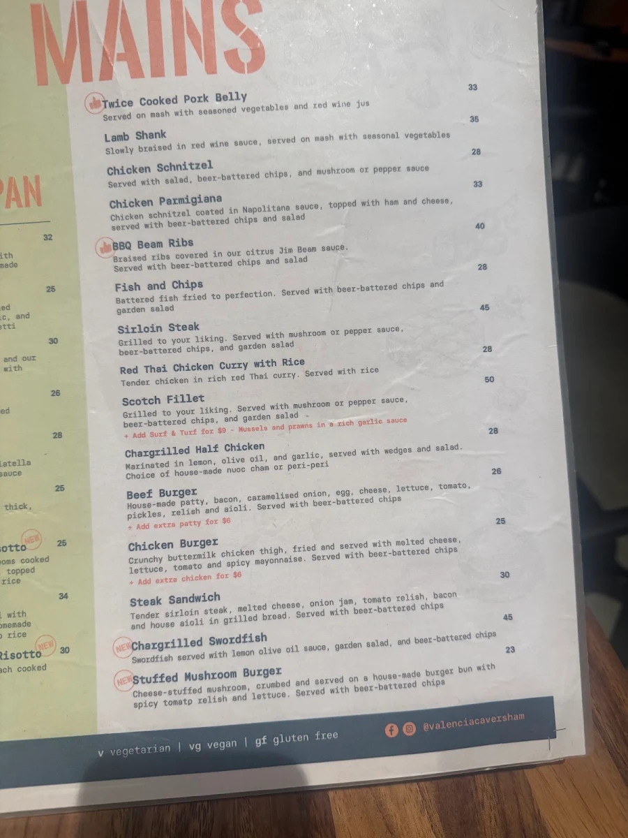 Menu, Valencia Bar and Grill