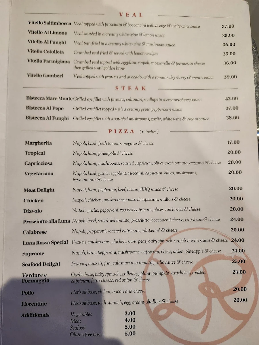 Menu, Luna Rossa Italian Restaurant