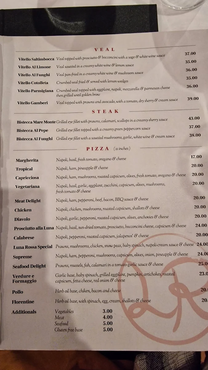 Menu, Luna Rossa Italian Restaurant