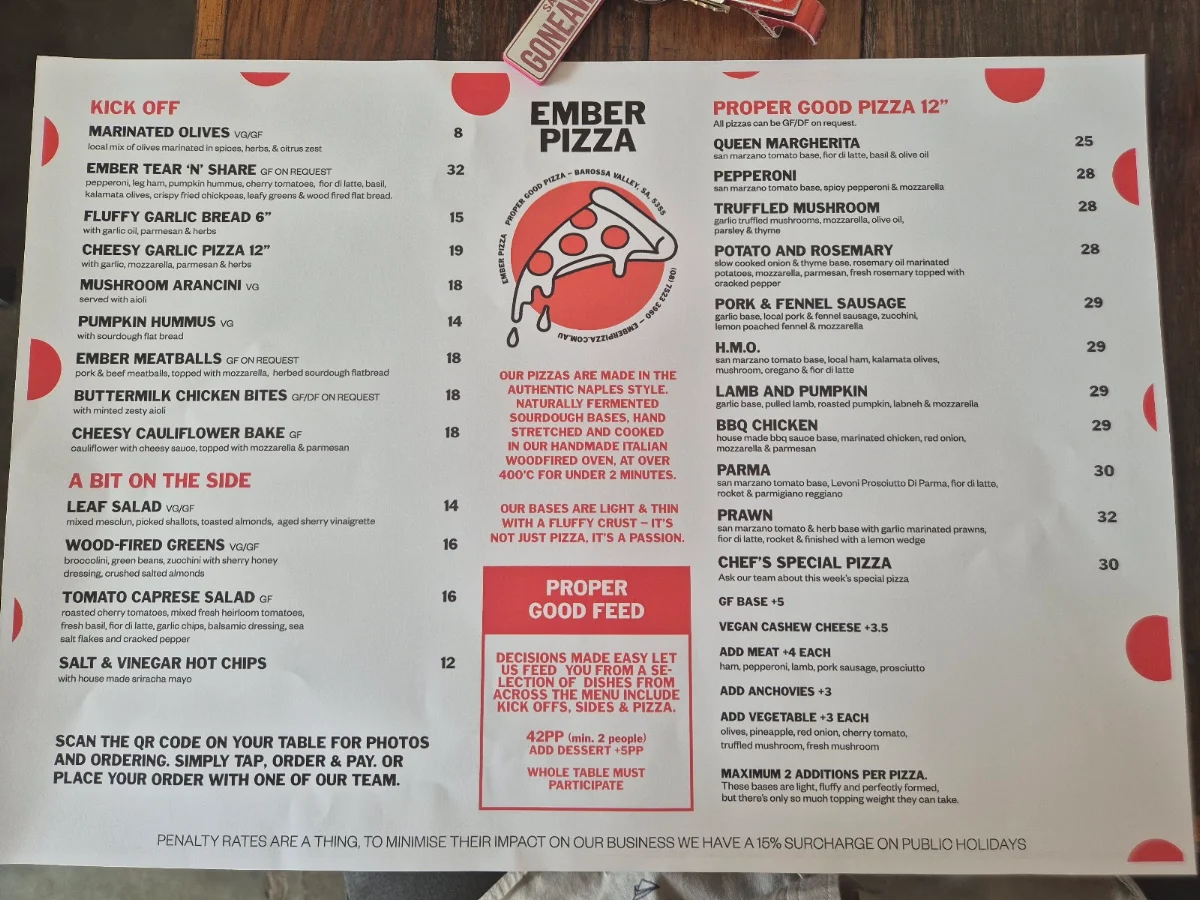 Menu, Ember Pizza Barossa