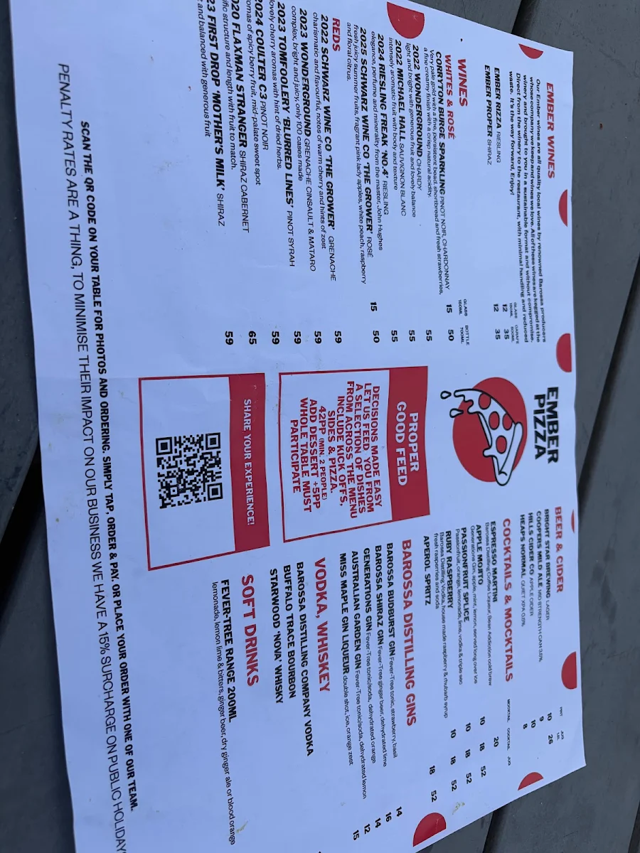 Menu, Ember Pizza Barossa