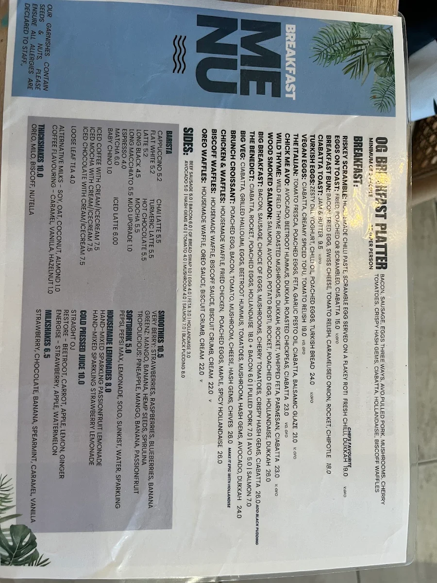Menu, Turquoise Hillarys