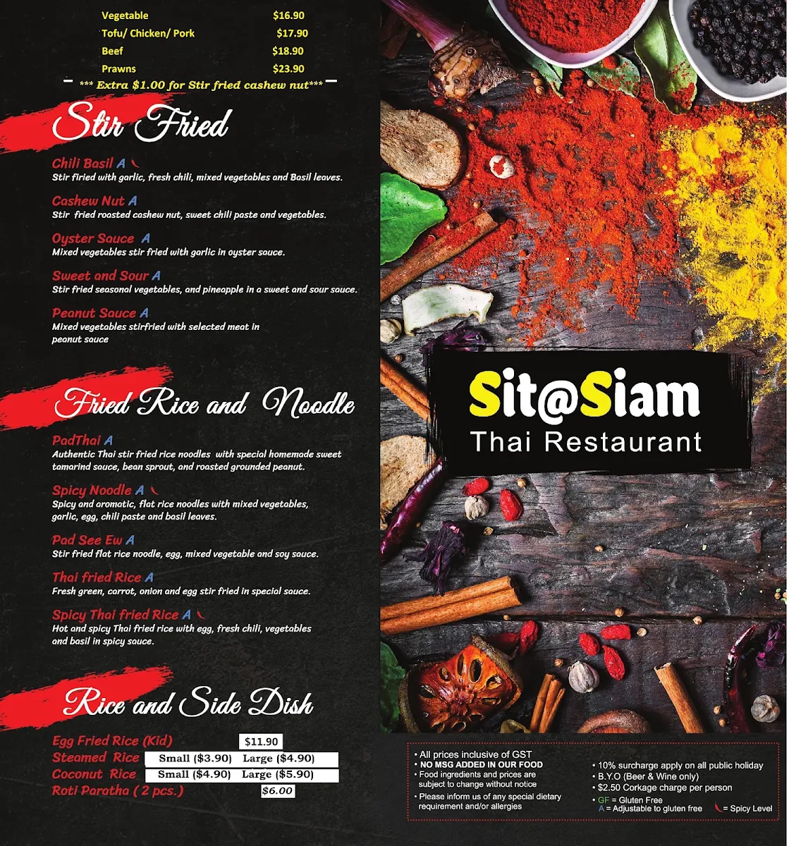 Menu, Sit at Siam Thai Restaurant