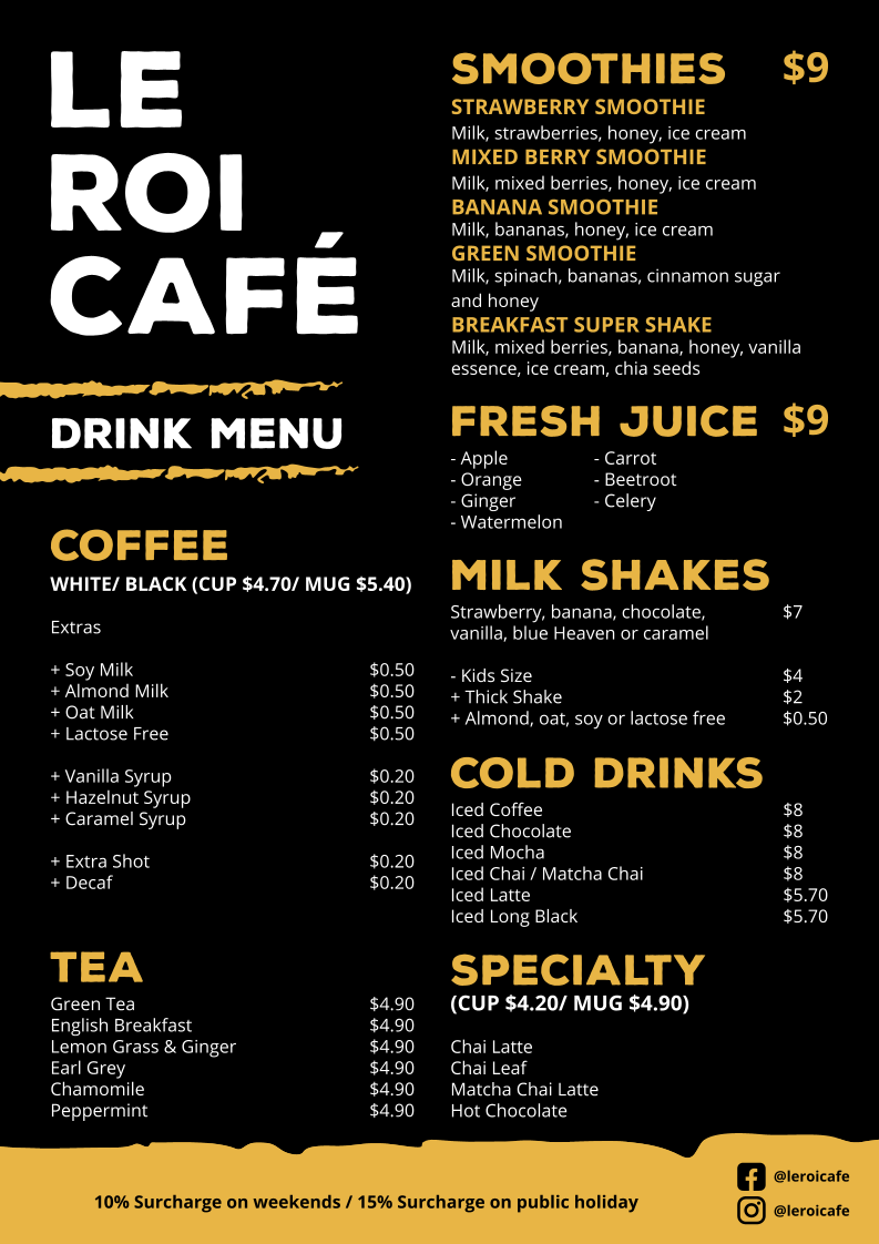Menu, Le Roi Cafe