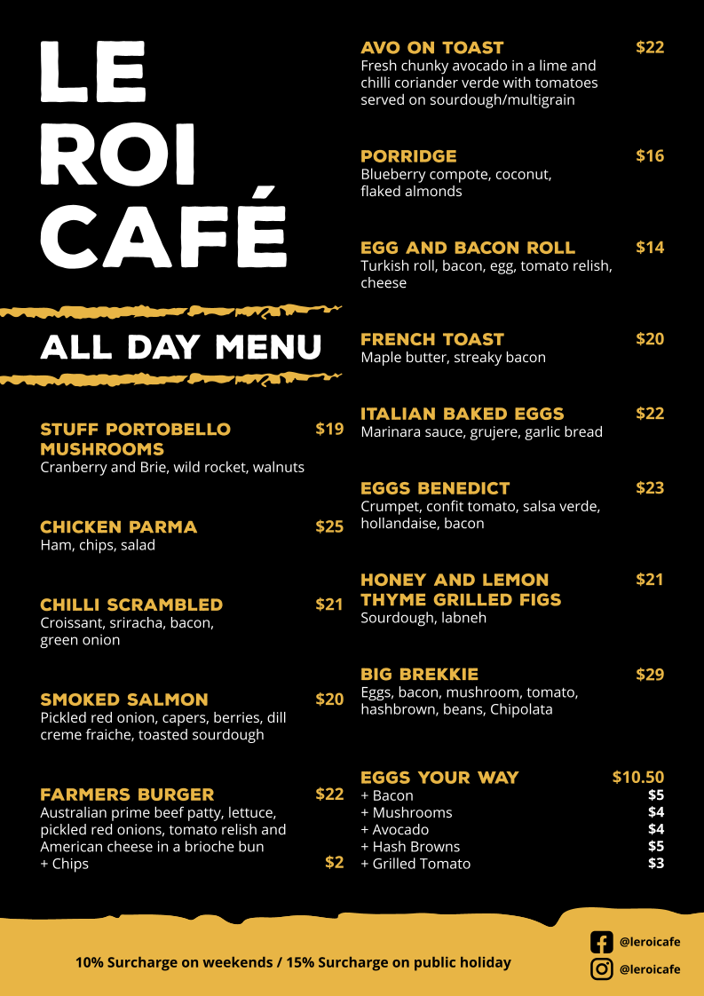 Menu, Le Roi Cafe