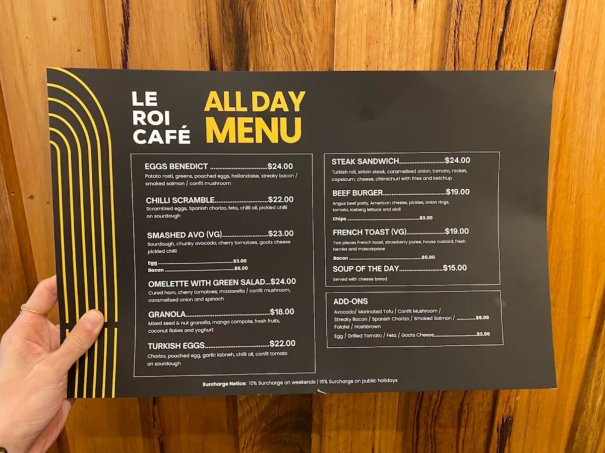 Menu, Le Roi Cafe