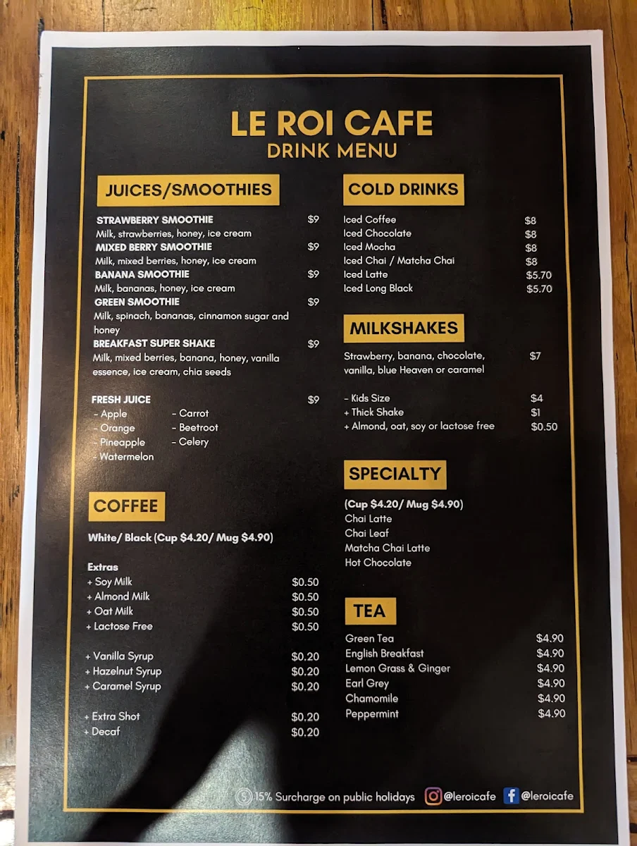 Menu, Le Roi Cafe