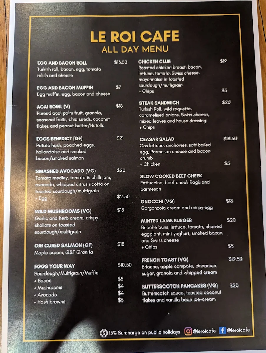 Menu, Le Roi Cafe