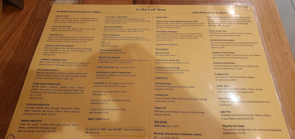 Menu, Le Roi Cafe