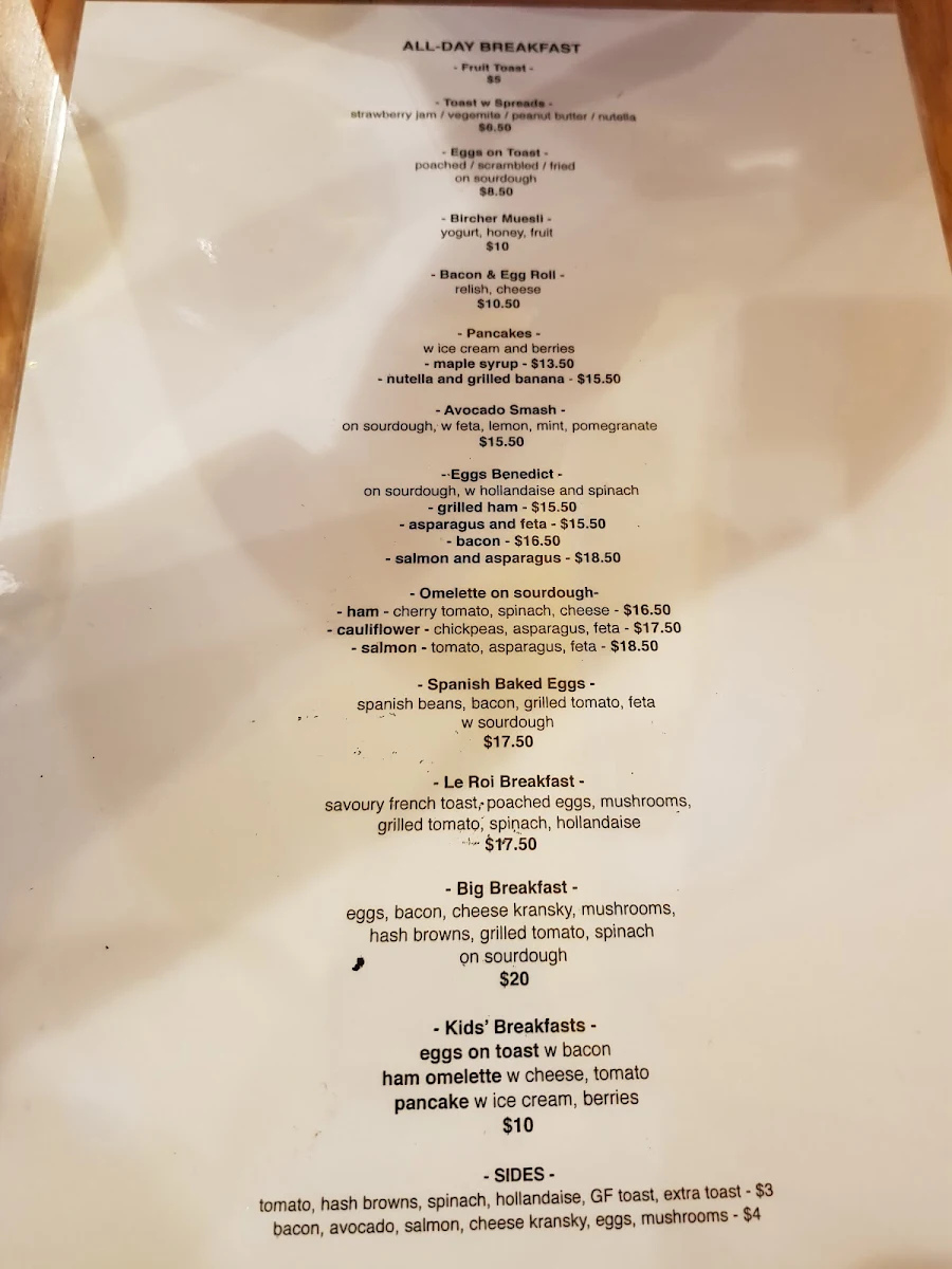 Menu, Le Roi Cafe