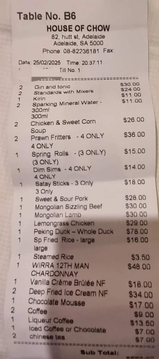 Menu, House Of Chow Restaurant