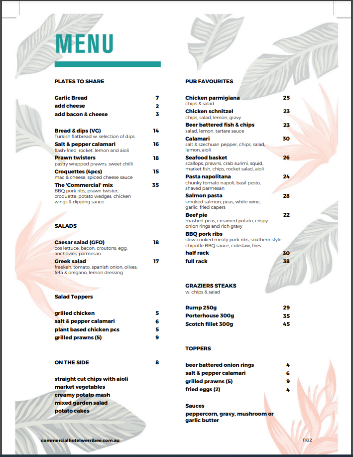 Menu, Commercial Hotel