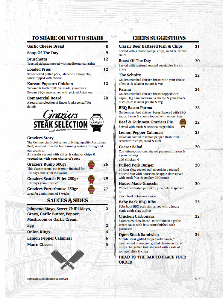 Menu, Commercial Hotel