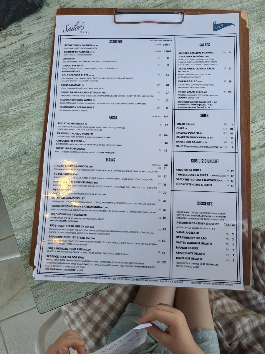 Menu, Sailor's Grill Drummoyne