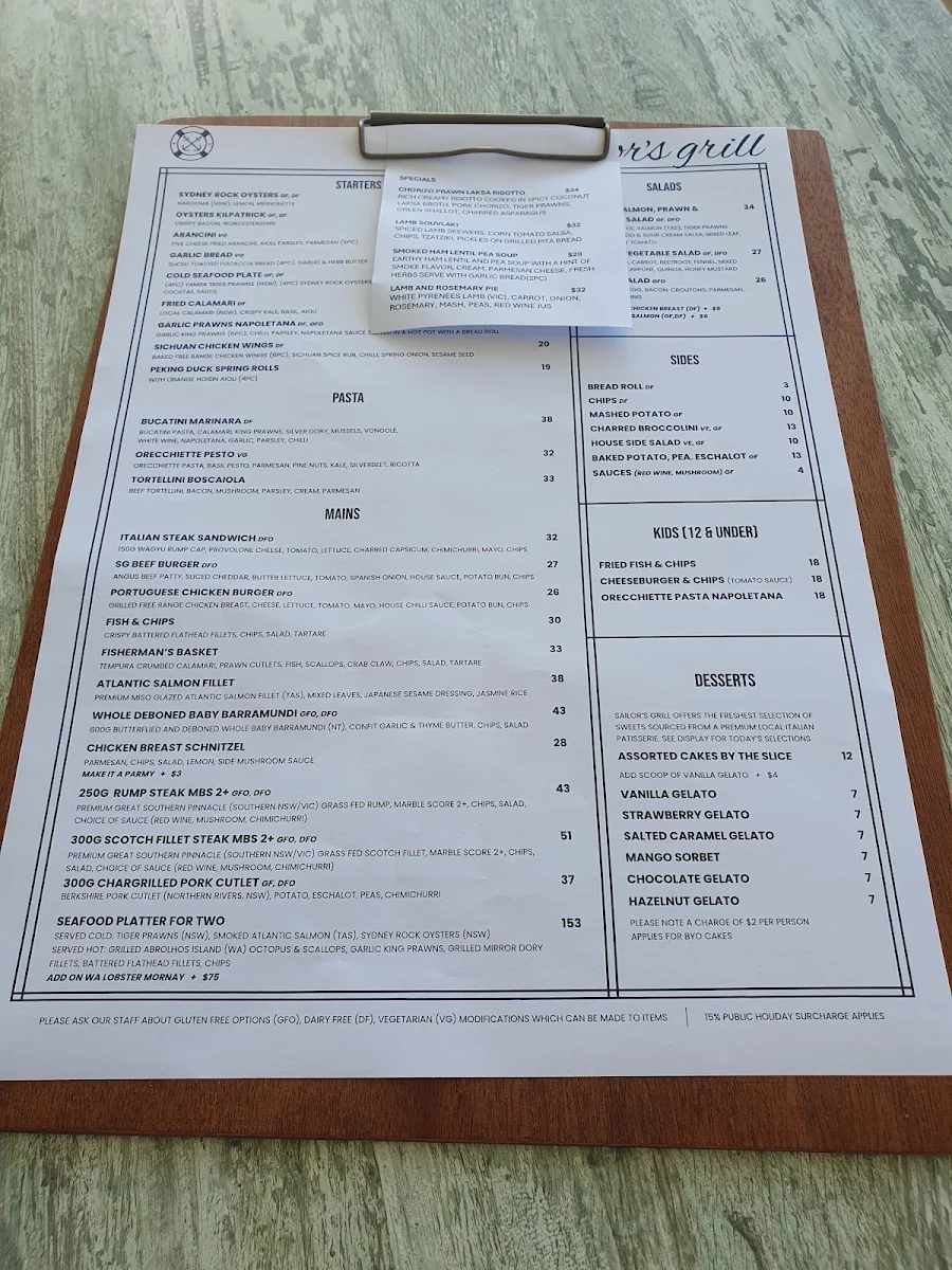 Menu, Sailor's Grill Drummoyne