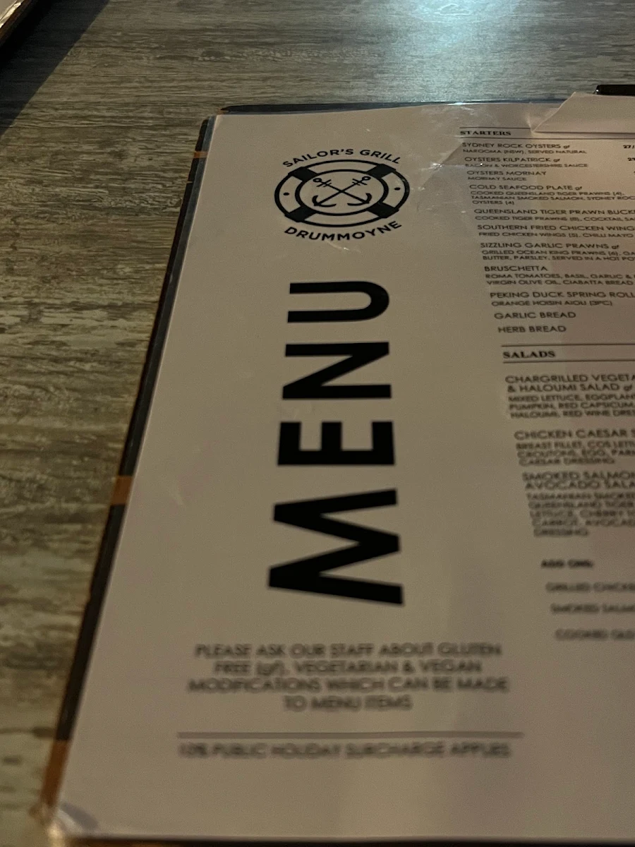 Menu, Sailor's Grill Drummoyne