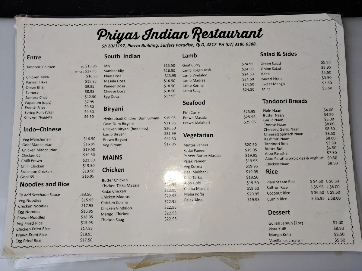 Menu, Priyas surfers Indian Restaurant