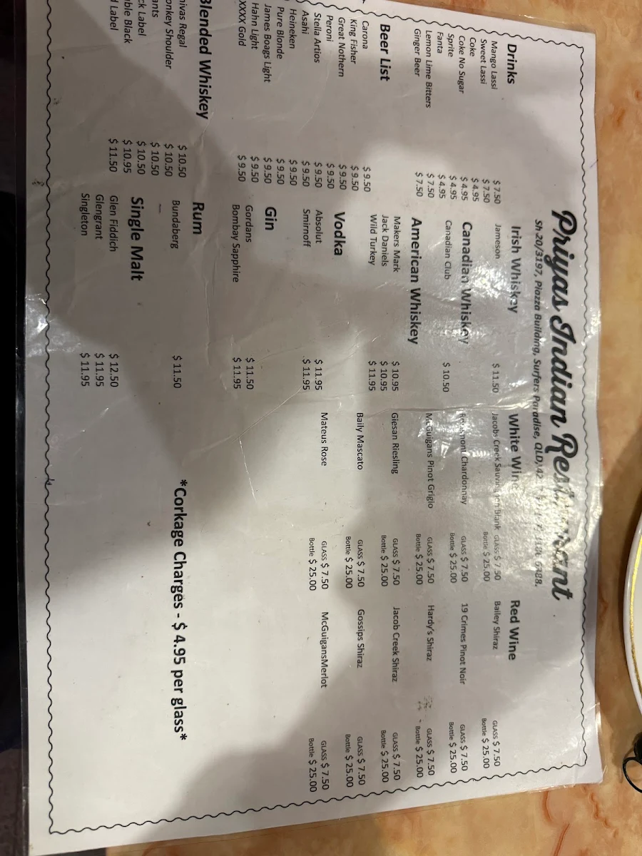 Menu, Priyas surfers Indian Restaurant