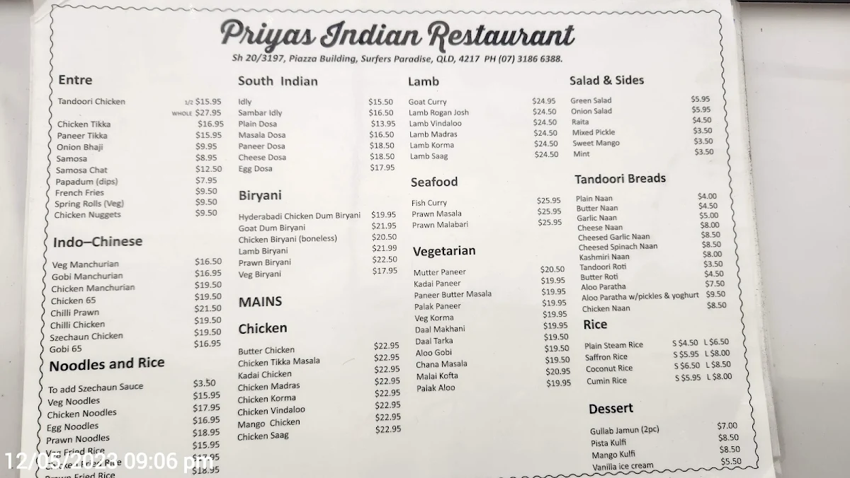 Menu, Priyas surfers Indian Restaurant