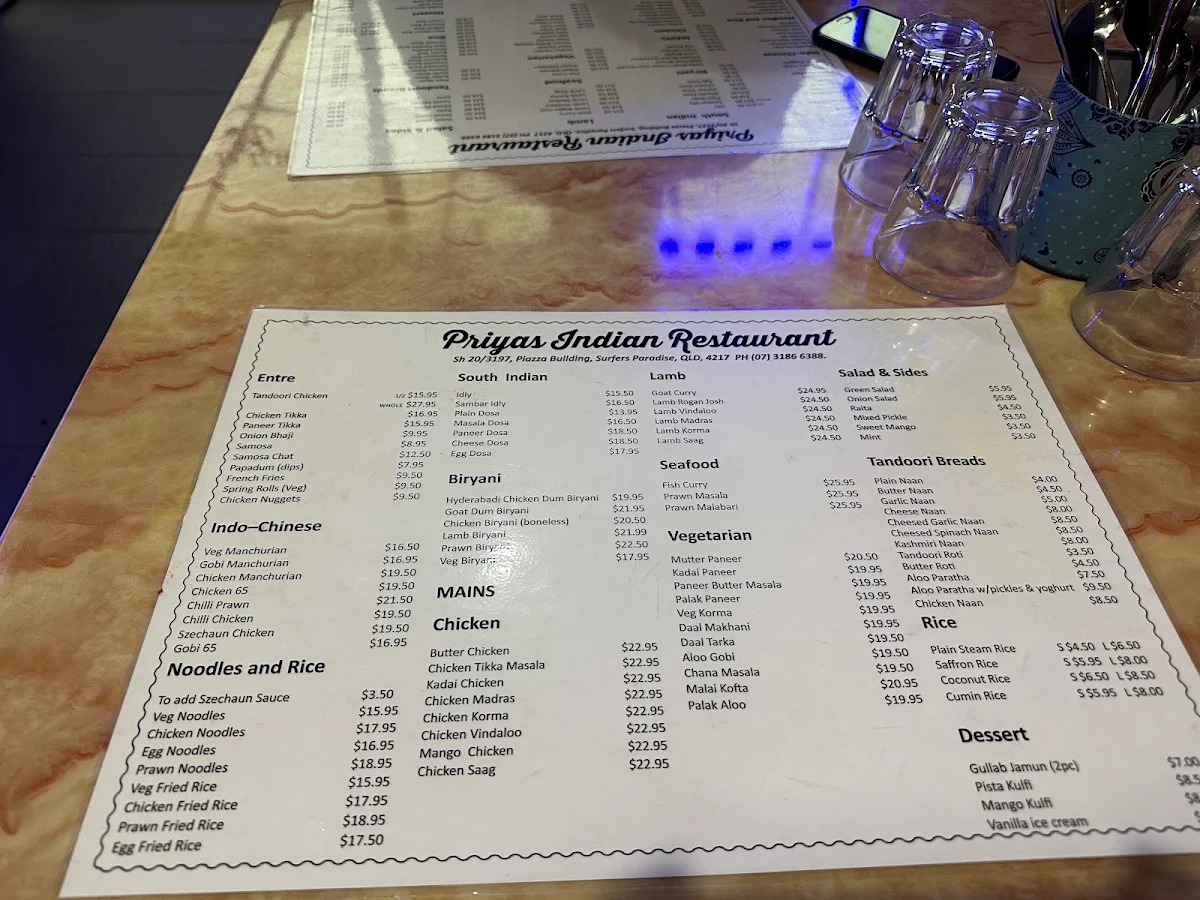 Menu, Priyas surfers Indian Restaurant