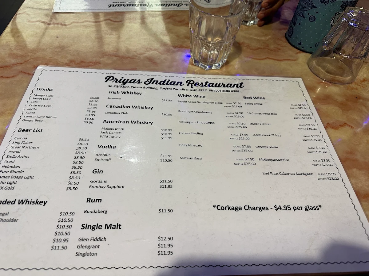 Menu, Priyas surfers Indian Restaurant