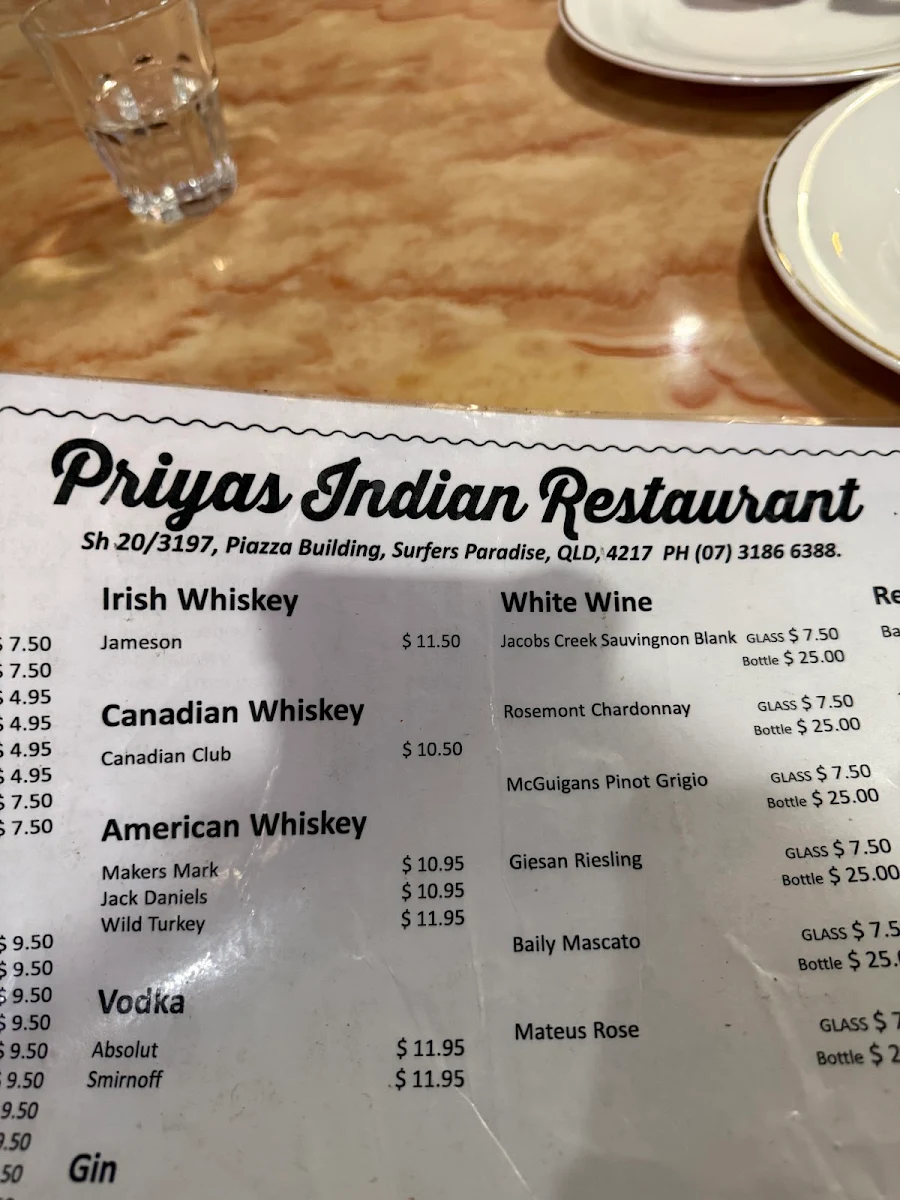 Menu, Priyas surfers Indian Restaurant