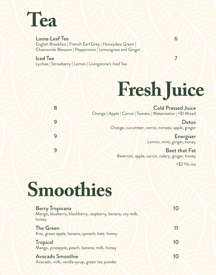 Menu, Livingstone